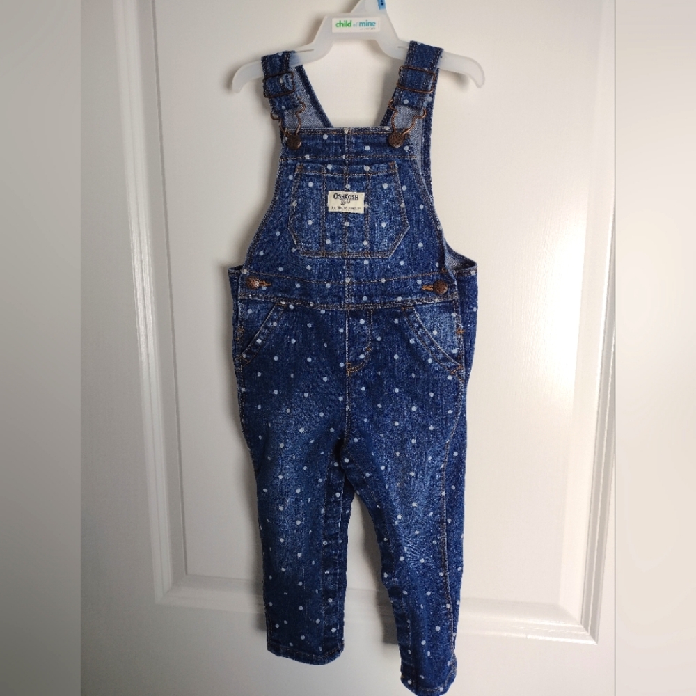 🩷 Oshkosh Bib Overalls Blue Denim White Polka Dots Size 18 M